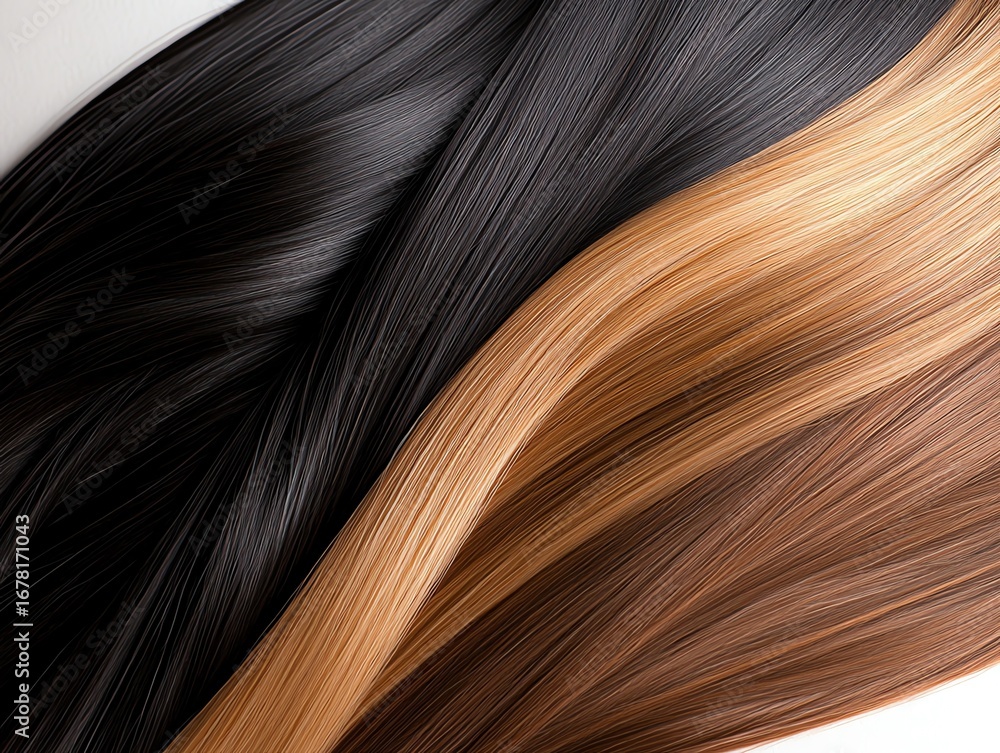 Fototapeta premium Long, silky hair extensions in natural black, arranged in a cascading pattern, glowing under soft lighting