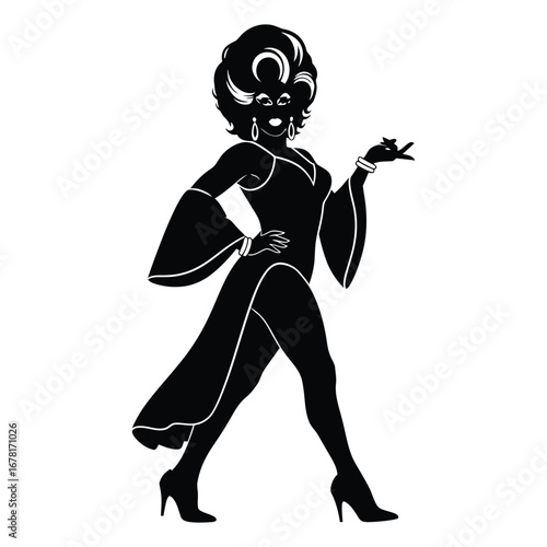 Stylish Drag Queen Silhouette Vector Dancing in Heels, Flowing Gown and Glamorous Hair Style, Dramatic Pose with Afro Wig on White Background