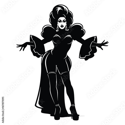 Stylish Drag Queen Silhouette Vector Dancing in Heels, Flowing Gown and Glamorous Hair Style, Dramatic Pose with Afro Wig on White Background