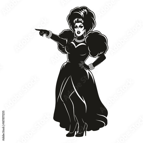 Stylish Drag Queen Silhouette Vector Dancing in Heels, Flowing Gown and Glamorous Hair Style, Dramatic Pose with Afro Wig on White Background