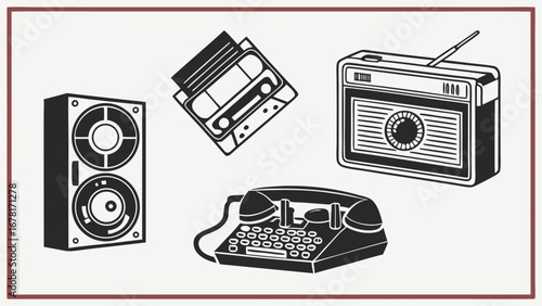 Illustration of vintage audio equipment including a speaker radio cassette and telephone vreated with genrated ai