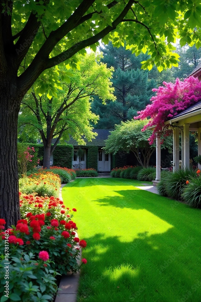 Obraz premium Serene backyard oasis featuring lush green lawn, vibrant flowerbeds, and mature trees providing ample shade Perfect for relaxation and outdoor enjoyment , plants, botany