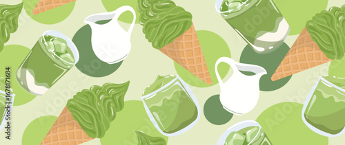 Matcha Green Tea Vector Seamless Pattern with Ice Cream, Drinks, and Milk Jug