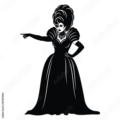 Stylish Drag Queen Silhouette Vector Dancing in Heels, Flowing Gown and Glamorous Hair Style, Dramatic Pose with Afro Wig on White Background