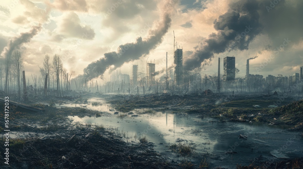 Obraz premium A Desolate Post-Apocalyptic Cityscape With a Mud-Filled River