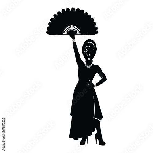 Stylish Drag Queen Silhouette Vector Dancing in Heels, Flowing Gown and Glamorous Hair Style, Dramatic Pose with Afro Wig on White Background