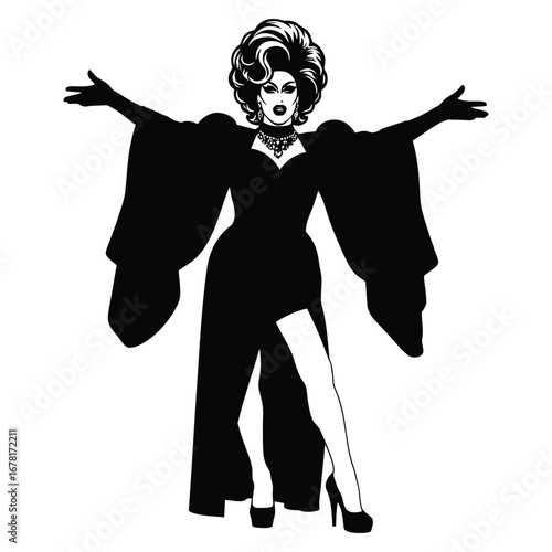 Stylish Drag Queen Silhouette Vector Dancing in Heels, Flowing Gown and Glamorous Hair Style, Dramatic Pose with Afro Wig on White Background