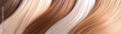 Ombre hair extensions, transitioning from ash brown to icy blonde, displayed against a glowing gradient
