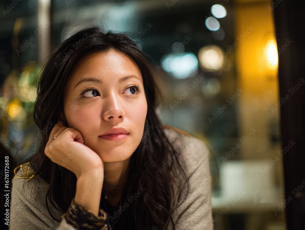 Obraz premium Thoughtful Japanese Woman Sitting Indoors Looking Away