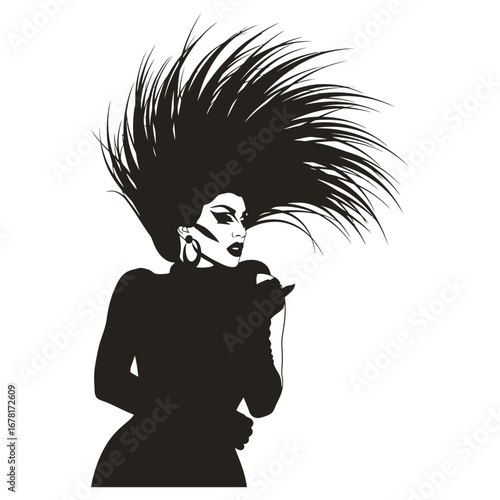 Stylish Drag Queen Silhouette Vector Dancing in Heels, Flowing Gown and Glamorous Hair Style, Dramatic Pose with Afro Wig on White Background