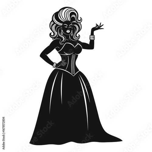 Stylish Drag Queen Silhouette Vector Dancing in Heels, Flowing Gown and Glamorous Hair Style, Dramatic Pose with Afro Wig on White Background