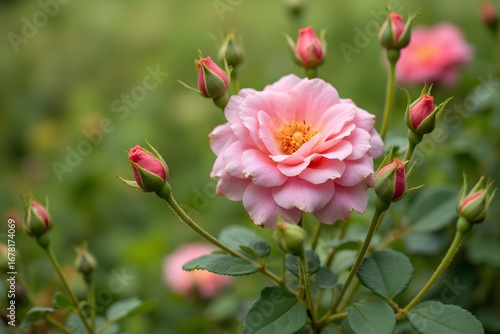 pink rose bush closeup on field background.