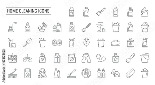 Assorted cleaning supplies arranged neatly on white surface showcasing various tools and solutions for household hygiene and sanitation.