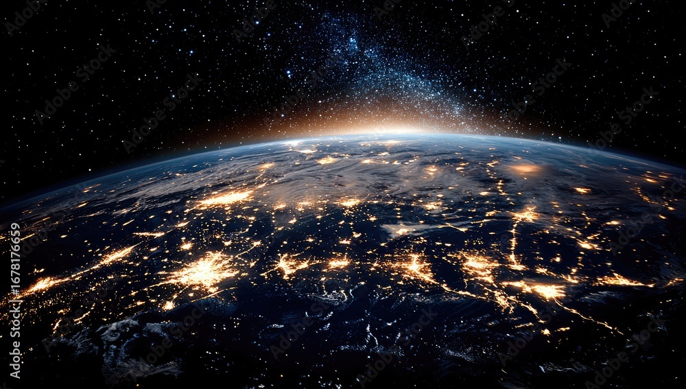 Obraz premium Earth at night, illuminated by city lights, seen from space with a sunrise