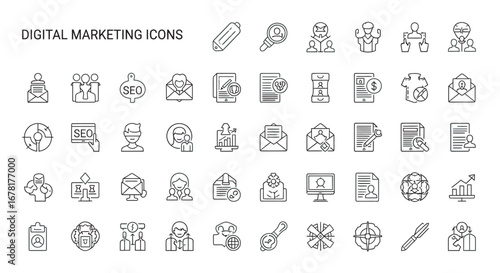 Digital marketing elements representing online strategies and tools for business growth and customer engagement in a modern, minimalist style.