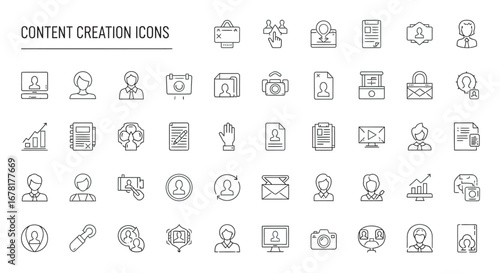 Thin line content creation icons representing various digital marketing and media production tasks on a clean white backdrop, conveying a modern and minimalist aesthetic.