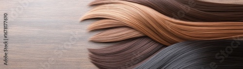 Wavy hair extensions, jet black, illuminated with warm studio lighting, placed on a sleek metal counter
