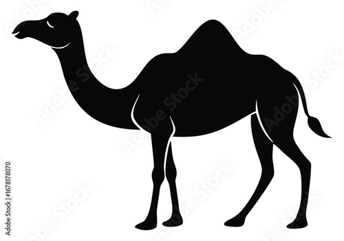 Simple black silhouette illustration of a dromedary camel on a white background
