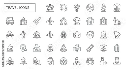 Outline travel symbols representing tourism and vacation activities in a minimalist style, ideal for web and mobile applications, conveying simplicity and modernity.