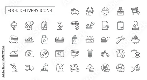 Outline style food delivery elements representing various aspects of service and cuisine on white, conveying simplicity and modern convenience.
