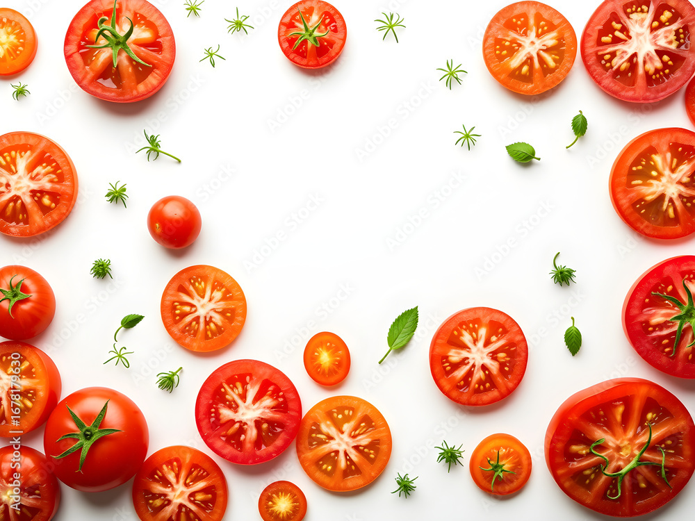 Fototapeta premium A close up of many different colored tomatoes and basil leaves