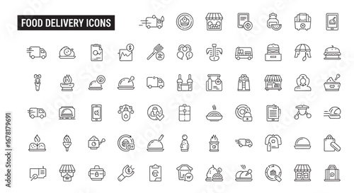 Collection of food delivery line art showing various stages of the process from ordering to receiving the meal, emphasizing convenience and speed.