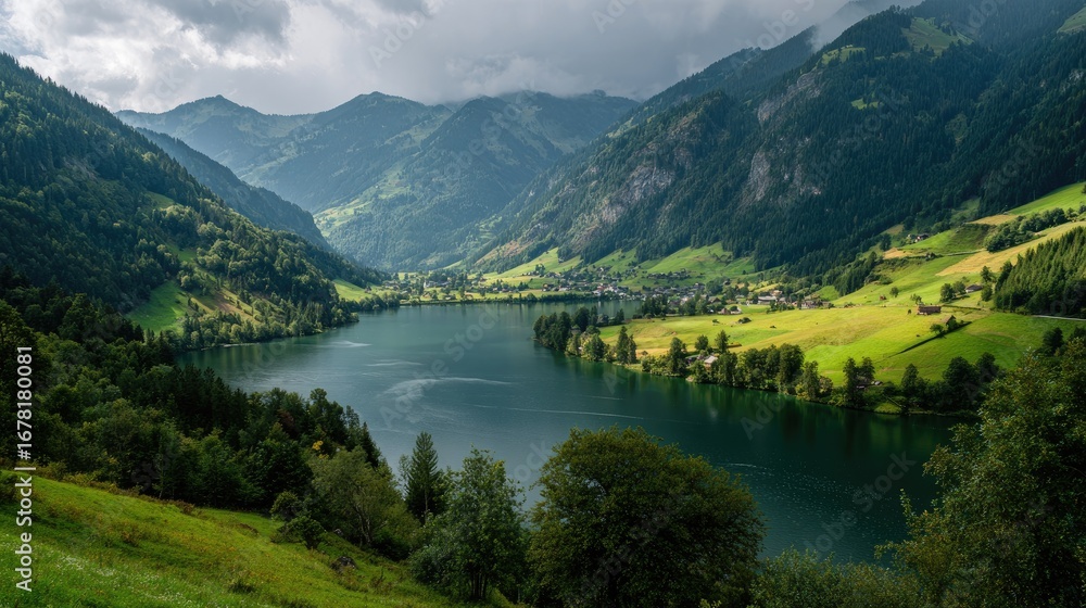 Fototapeta premium Serene alpine lake nestled in valley