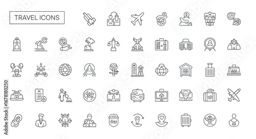 Collection of travel related line art symbols depicting various transportation, landmarks, and activities for vacation planning and tourism promotion.