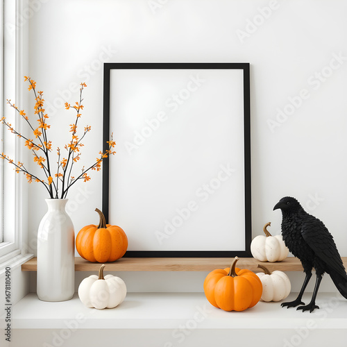 A black and white frame with a white background and a black bird on top
