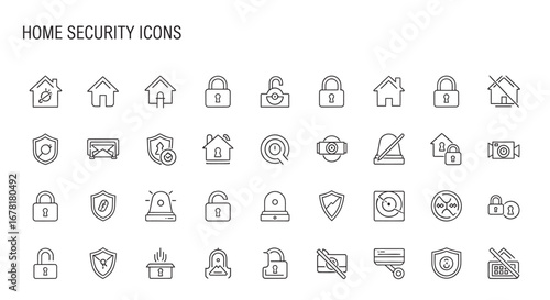 Home security system elements showing various protection measures against threats and unauthorized access in a modern and minimalist style.