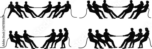 Tug of war silhouettes, teamwork, competition, rope pulling, group effort, sports challenge, conflict, strength, unity, struggle, contest, flat vector illustration