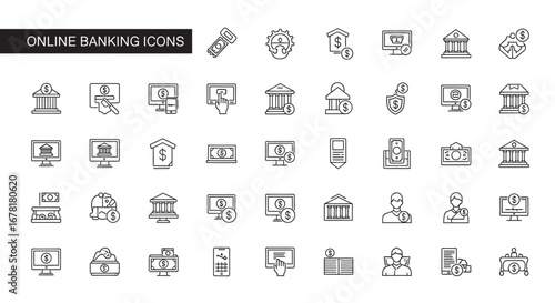 Online banking symbols representing financial transactions and security measures in a minimalist style conveying modern technology and convenience.