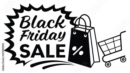 Black Friday Sale: Bold Monochrome Shopping Bag and Cart Graphic; Retro Style;  High-Contrast Design Ideal for Retail Advertising and Website Banners.