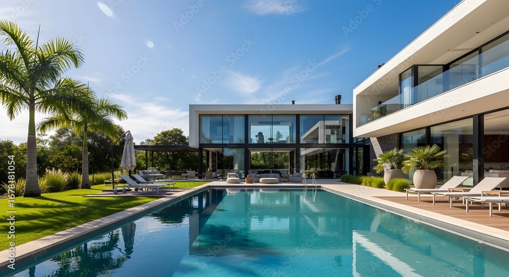 Fototapeta premium Modern Tropical Villa with Pool and Lush Landscaping.