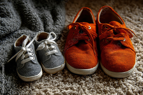 Pair of adult and baby shoes on a soft carpet