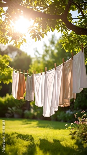 Wallpaper Mural Clothes drying on a clothesline in a garden under a sunny tree Torontodigital.ca