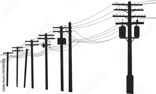 Utility poles silhouettes, electrical transformers, power lines, crossarms, insulators, energy distribution, infrastructure, electricity transmission, high voltage, grid system,