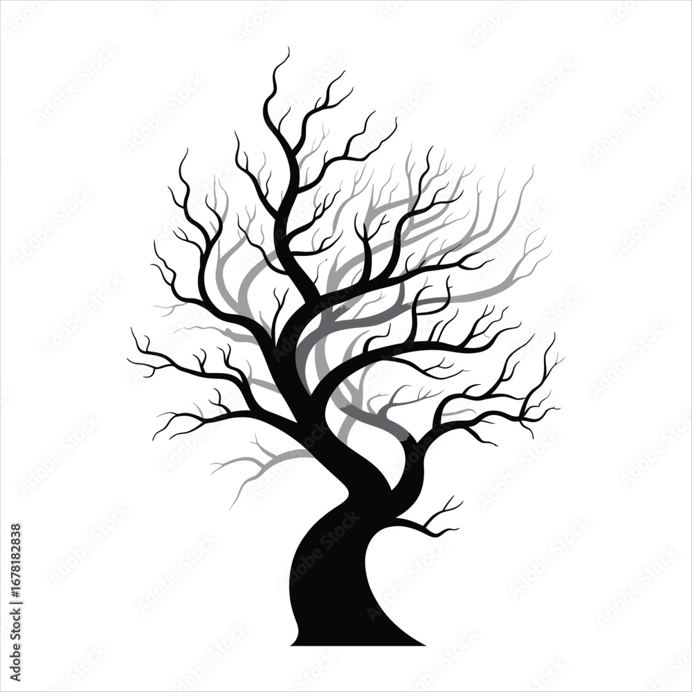 Fototapeta premium Bare Tree Silhouette Illustration: Twisted Branches Against a White Background, Dark and Eerie