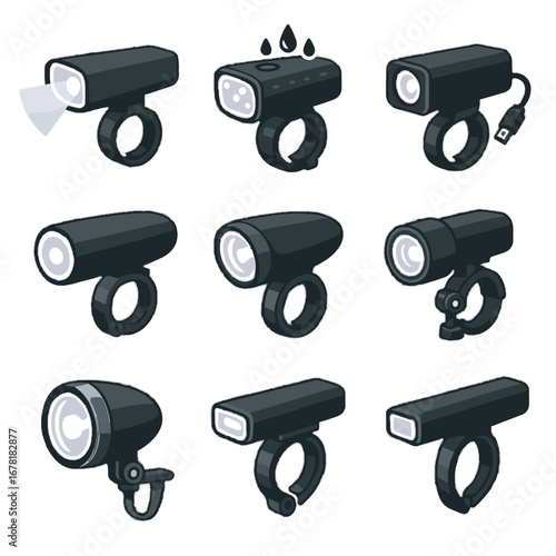 Light icon lamp varieties lens bright cycling beam waterproof vector bike headlight