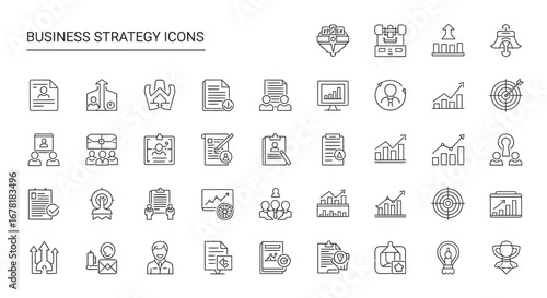 Business strategy elements presented as outline symbols representing planning, analysis, and growth on a clean white backdrop, conveying professionalism.