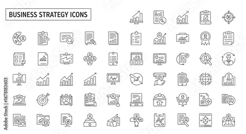 Business strategy elements presented as outline symbols showing planning and analysis for company success in a minimal and modern style.