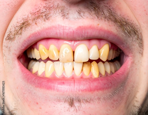 Close-up of stained yellow teeth