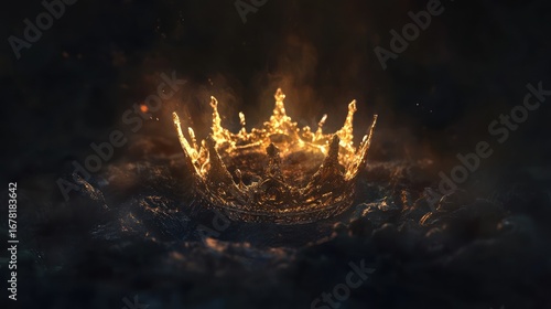Golden crown in fiery flames on dark rocky ground