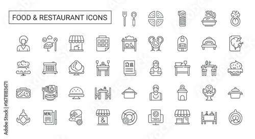 Outline food and restaurant symbols arranged neatly on white surface representing culinary concepts and dining experiences in a modern style.