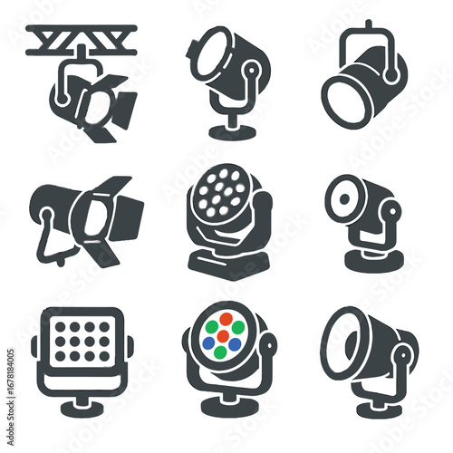 Lighting stage moving floodlight vector beam light icon compact spotlight rgb set
