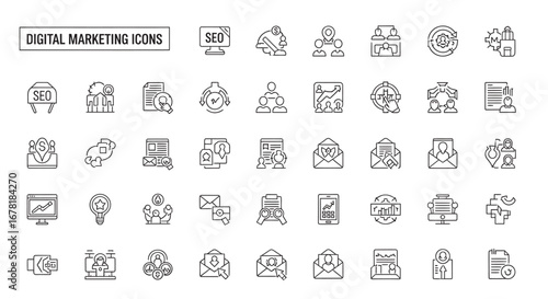 Line art digital marketing elements representing seo and social media strategies for business promotion, conveying a modern and clean aesthetic.