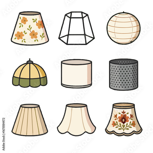 Minimalist icon collection cylindrical shade glass vector pattern flared lamp embroidered