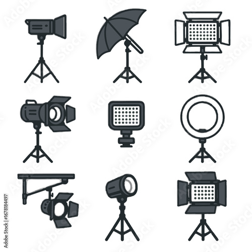 Ring led stand tripod door strobe soft lighting light vector icon studio