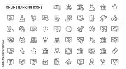 Collection of online banking elements representing financial transactions and digital money management on a clean white backdrop, conveying simplicity and modernity.