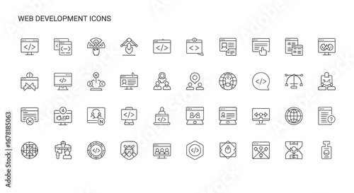 Collection of web development symbols arranged neatly on a white surface representing coding and website creation in a clean and minimalist style.